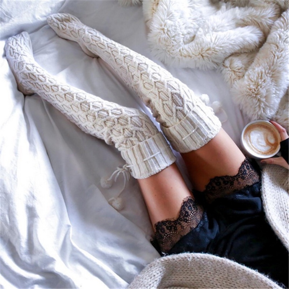 Sexy Over Knee White Cable Knit Socks with Pom Poms - Picture 2 of 13